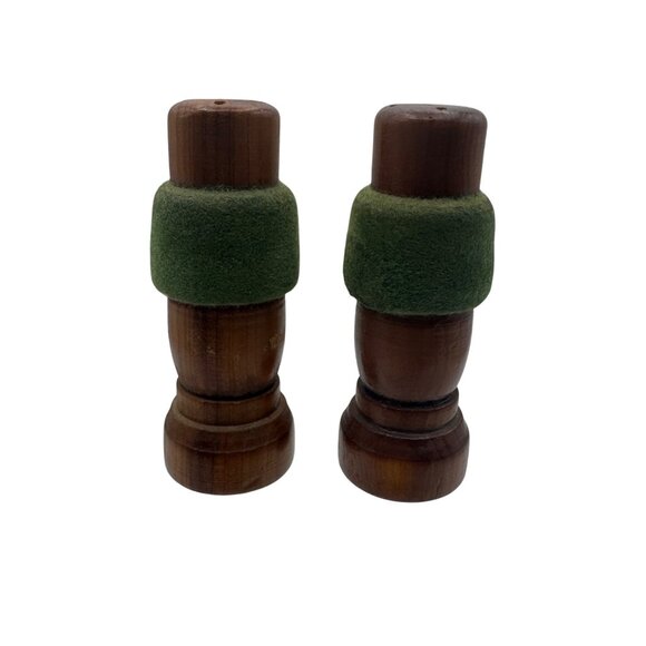 Vintage Wooden Salt & Pepper Shakers With Green Flocked Velvet Accent Band - Picture 3 of 4